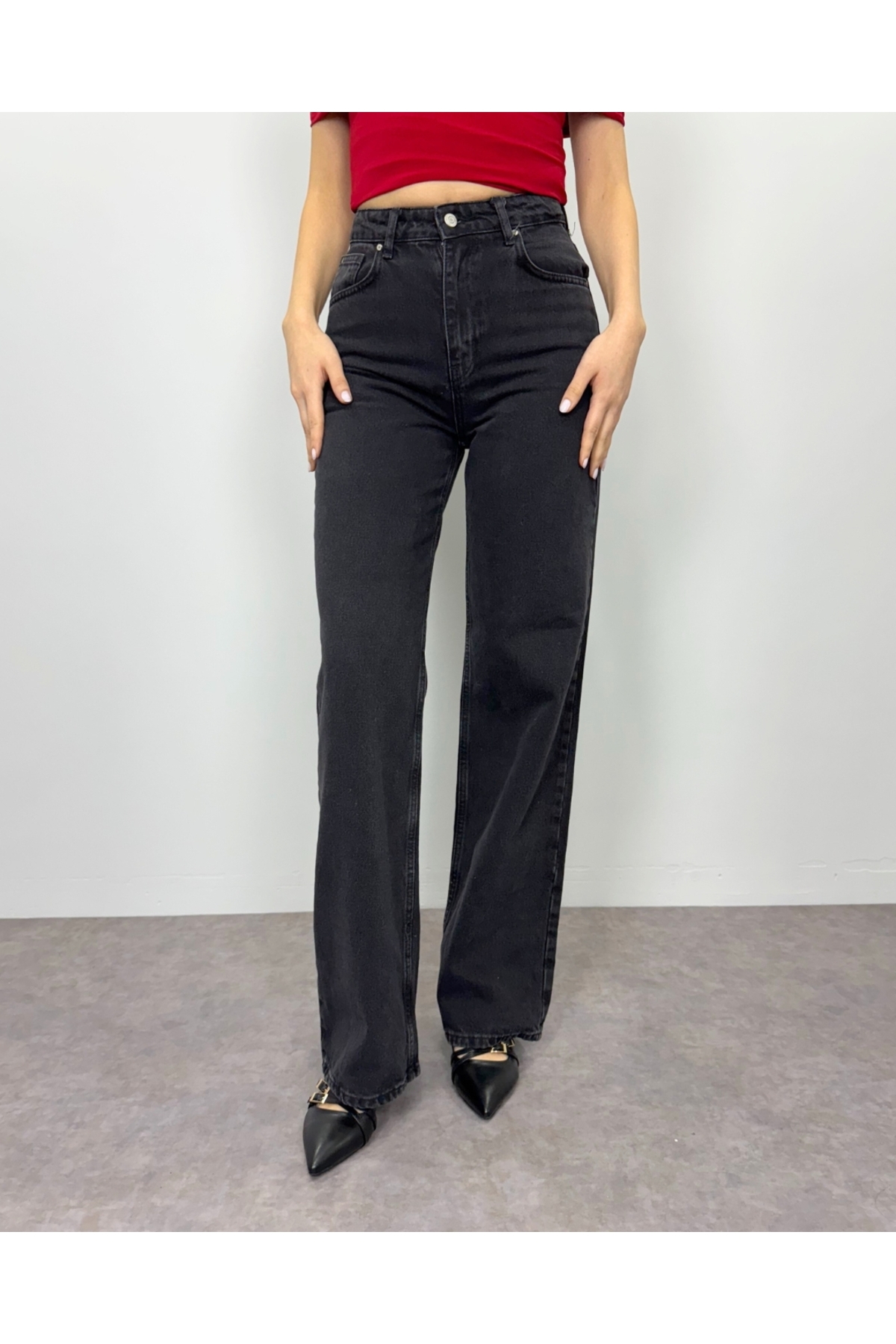 Kadın Antrasit Palazzo Yüksek Bel Straight Fit Jean Pantolon