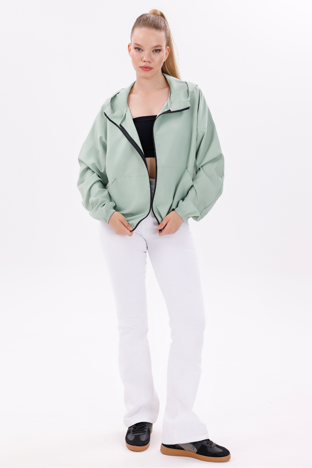 freemen  Kadın Su Yeşili Kapüşonlu Şık ve Rahat Tasarımlı Rüzgar Geçirmez Mevsimlik Yağmurluk - Görsel 6