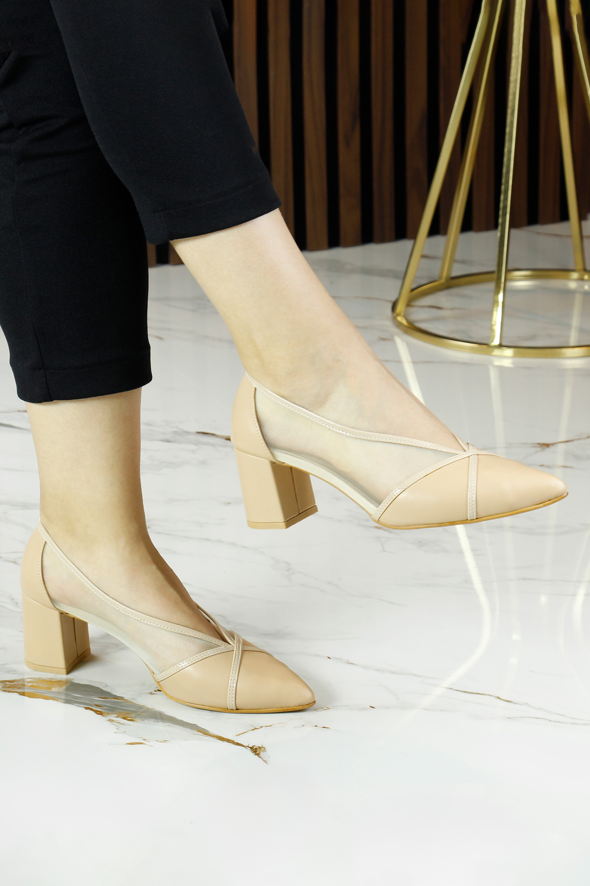 Mirabella Nude Mesh Pointed Toe Thick Heels Classic Shoes
