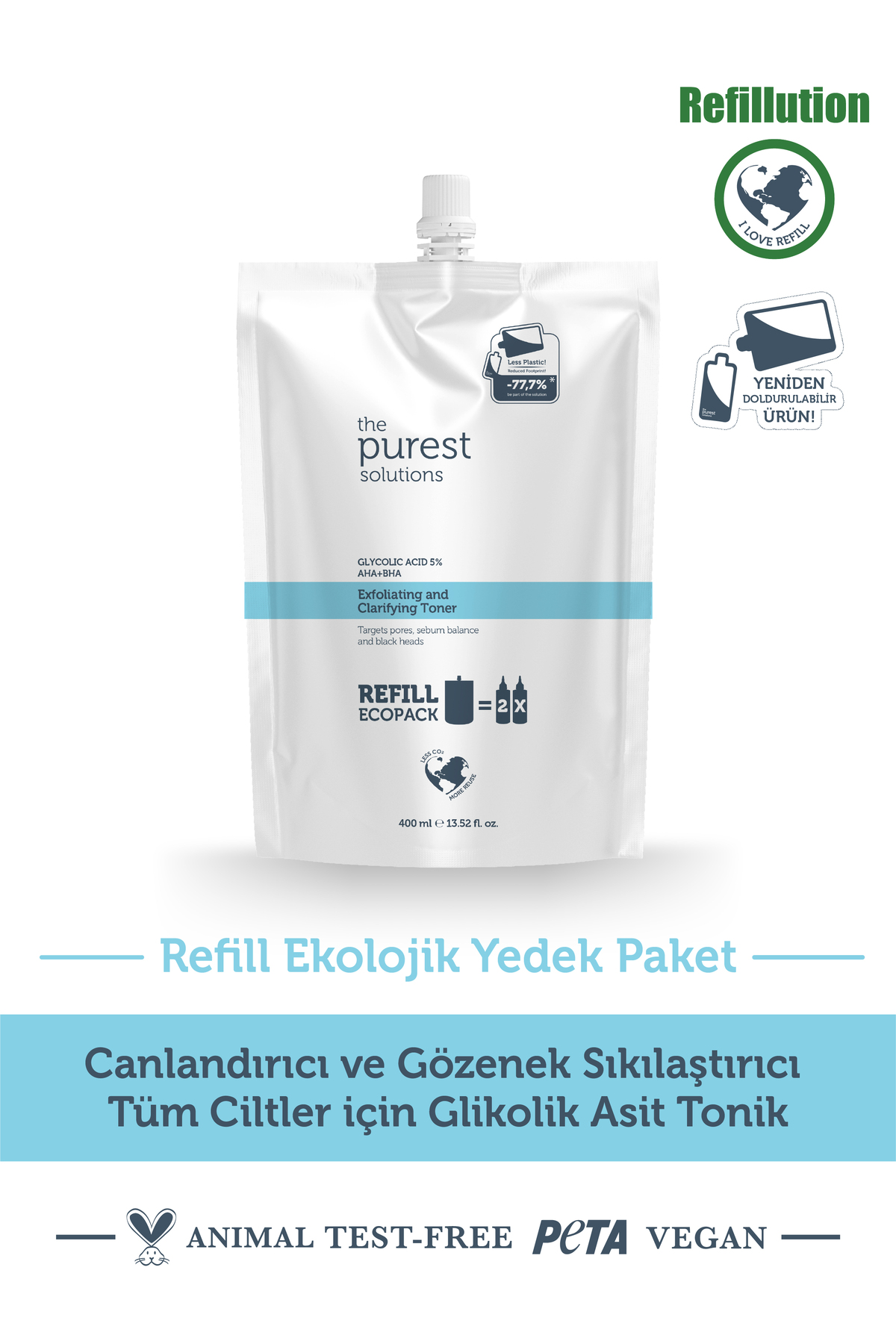 The Purest Solutions Canlandırıcı,Gözenek Sıkılaştırıcı Tüm Ciltler Için Glikolik Asit Tonik Ekolojik Yedek Paket 400 ml — TPS171