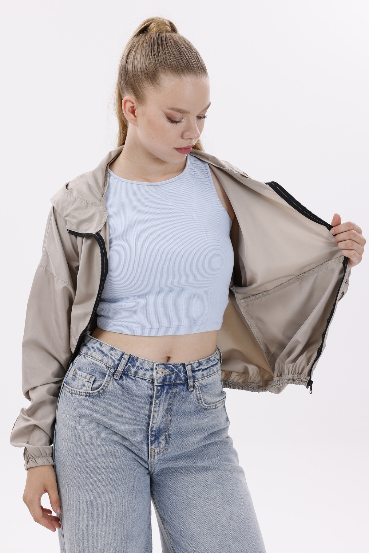 freemen  Kadın Taş Kapüşonlu Su Ve Rüzgar Geçirmez Oversize Yağmurluk - Rüzgarlık - Görsel 5