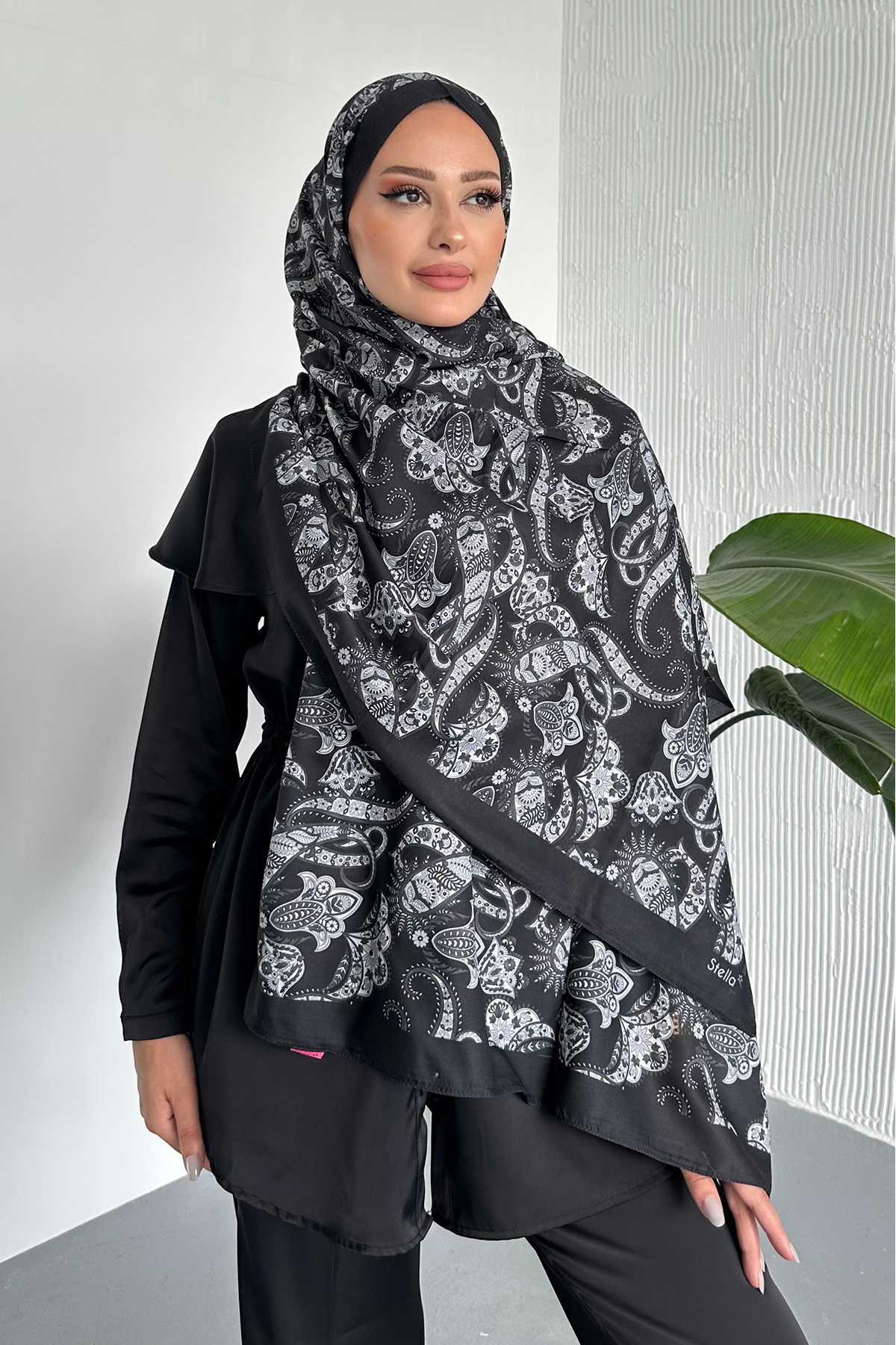 Stella Eşarp-Ethnic Shawl Patterned Black-Grey Color Soft Cotton Shawl 4