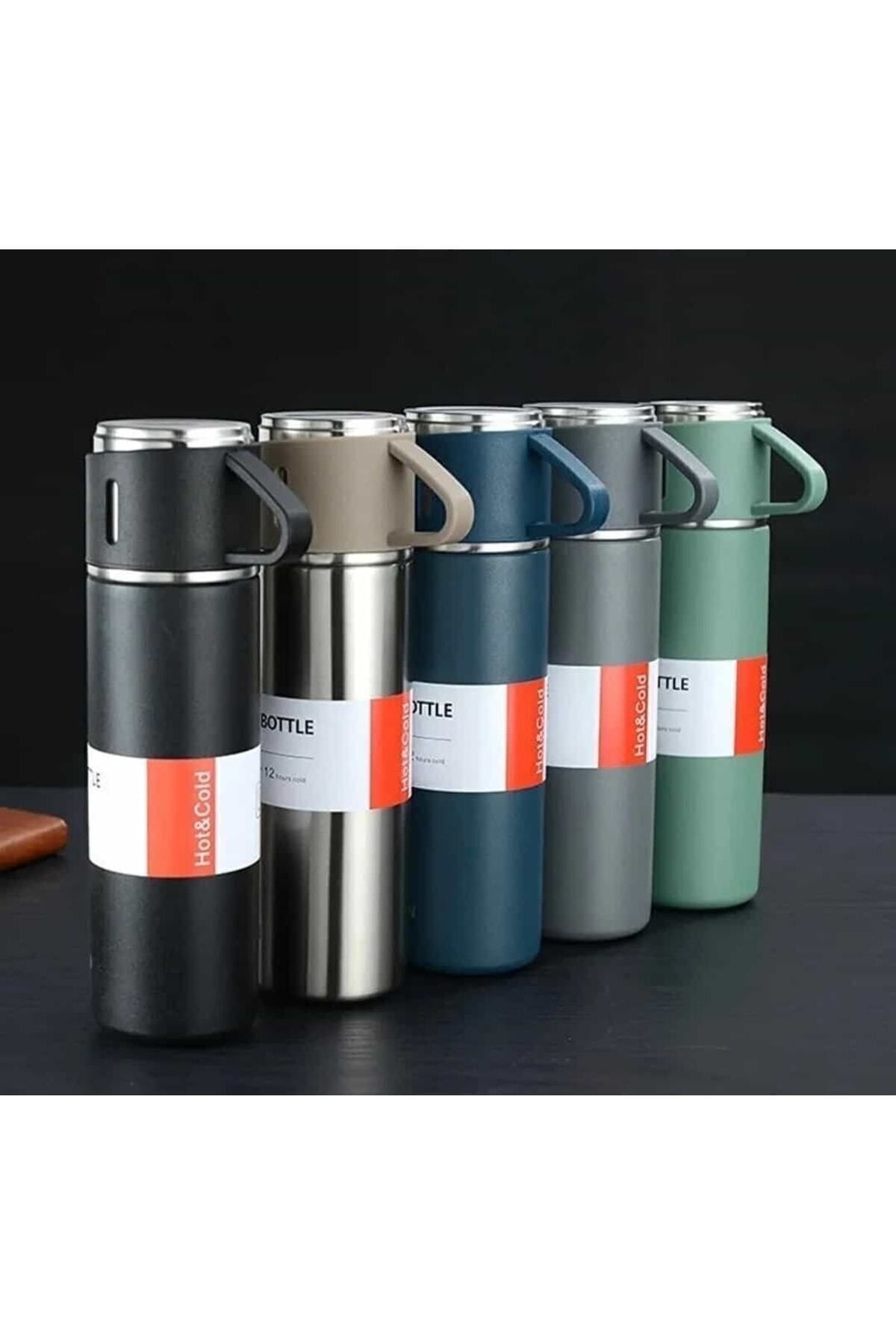 Genel Markalar Vacuum Flask Set Üç Bardaklı Kutulu Paslanmaz Çelik Termos Seti 500 Ml