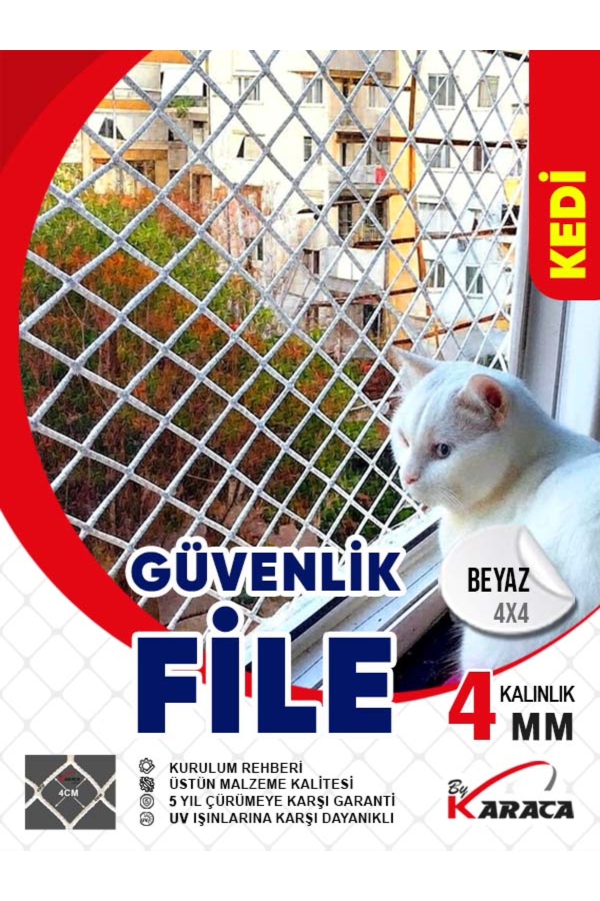 KARACAFİLE Kedi Balkon Güvenlik Filesi 2.5x4 Mt 4mm İp Kalınlığı 4x4 Gözenekli + Montaj Malzemeleri