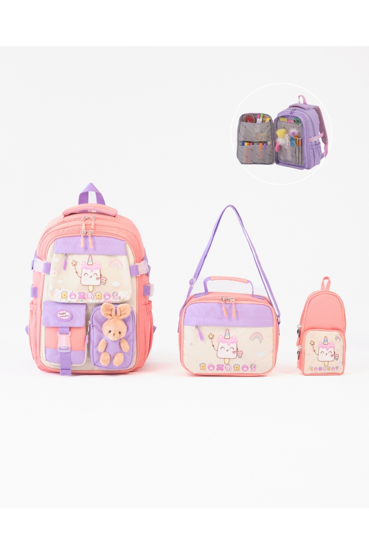 Ice Cream Korean Style 3-Piece Girls School Bag Set - Elementary School Bag with Pen Holder and Thermal Feeding