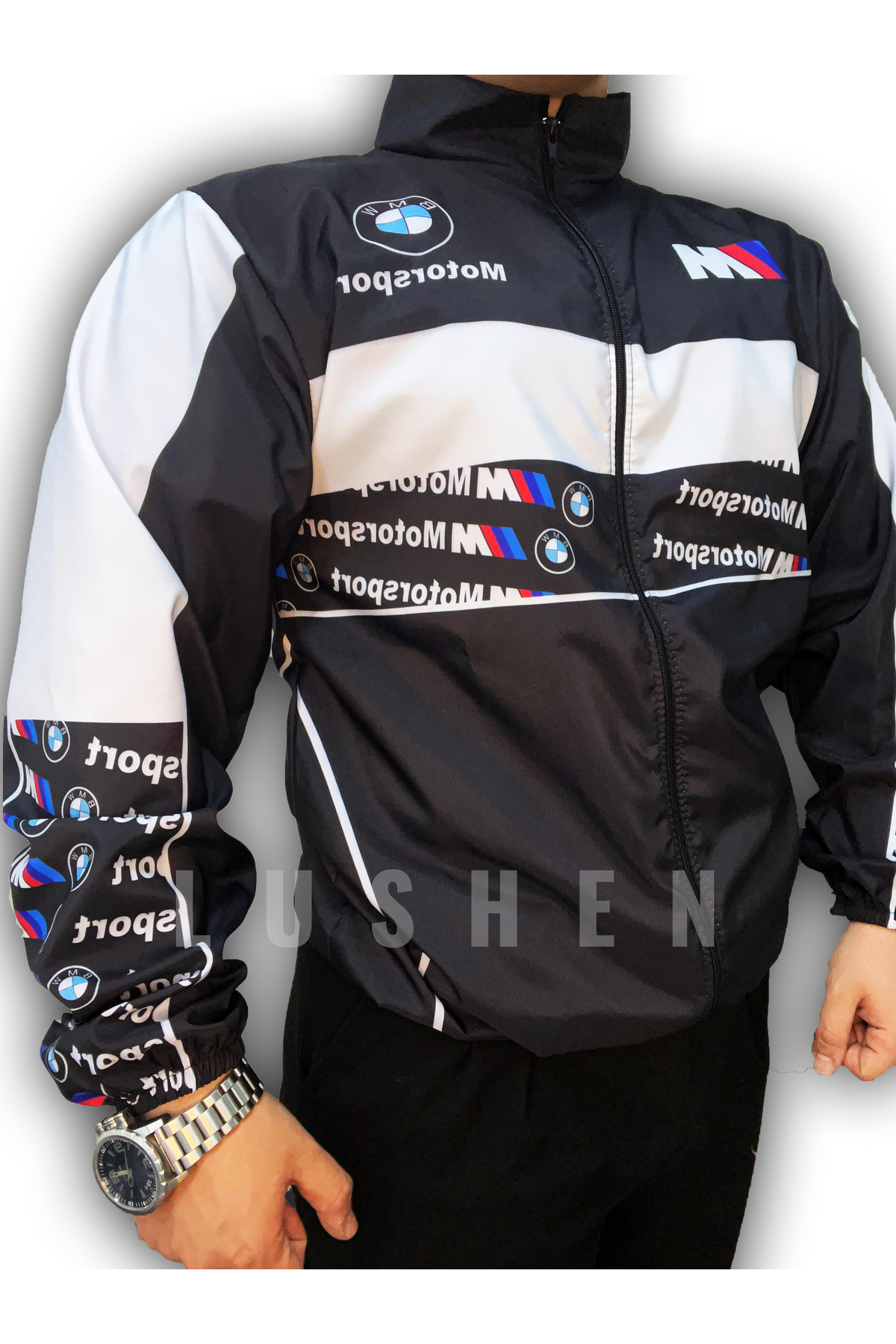BMW Motosport Unisex Paraşüt Kumaş Oversize Dijital Baskılı Siyah Rüzgarlık Yağmurluk İnce Ceket — مشکی LSHNBMW2 — تصویر 3 از 6