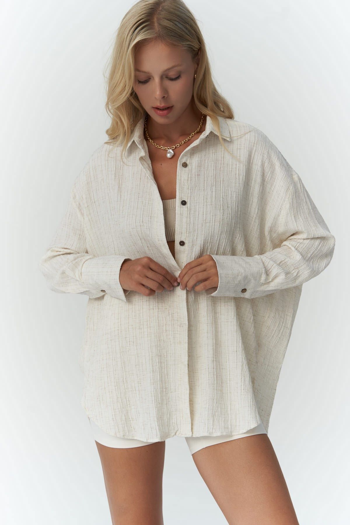 MAI STUDIOS CO.  Durres Bej Oversize Gömlek - Görsel 6