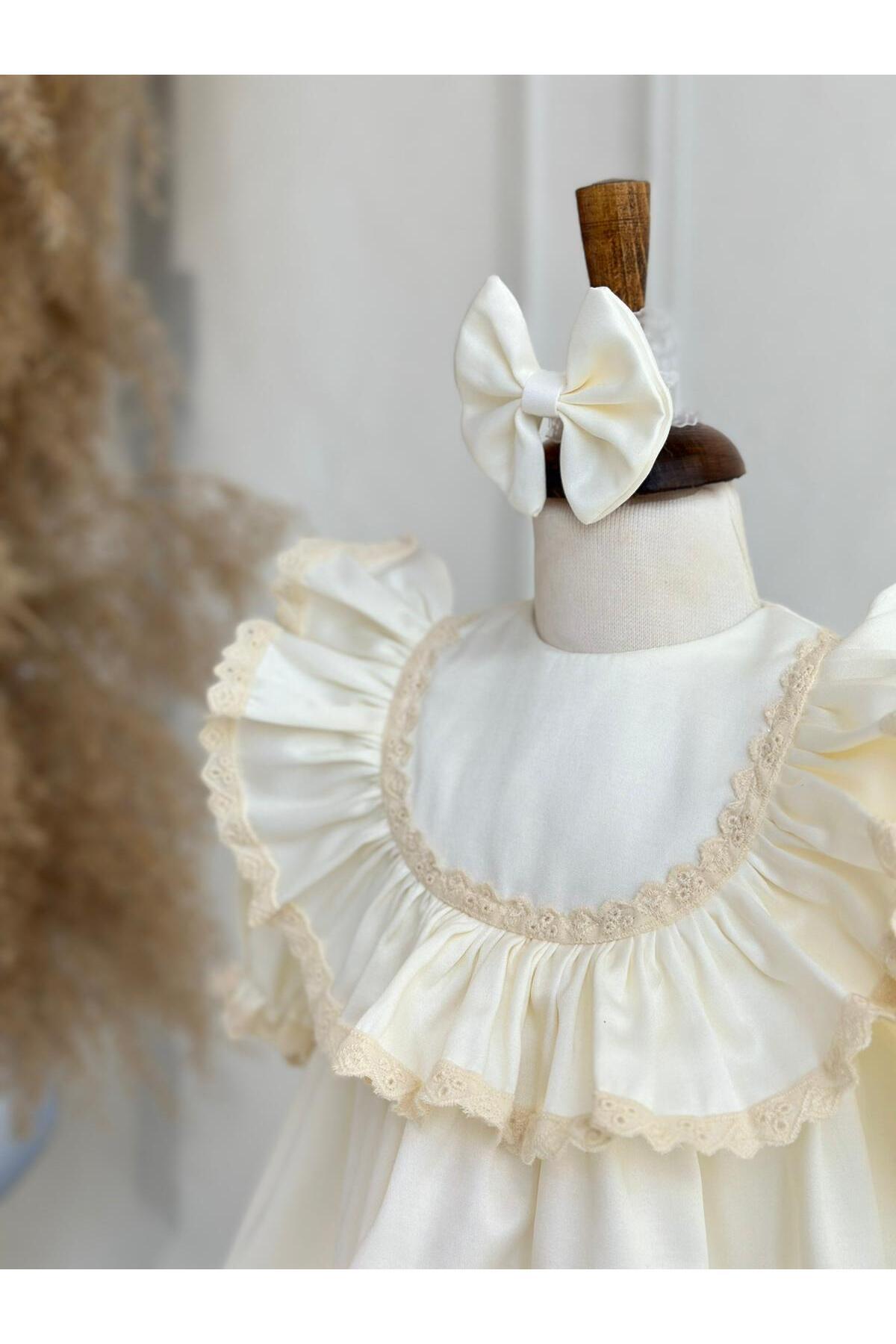Hobidik Kız Bebek Çocuk Pamuk Saten Krem Fistolu Mevlüt Elbise Seti fotoğrafı 6 (önizleme)
