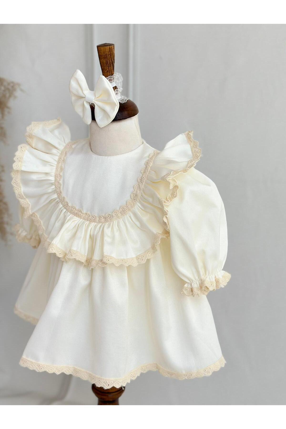 Hobidik Kız Bebek Çocuk Pamuk Saten Krem Fistolu Mevlüt Elbise Seti fotoğrafı 3 (önizleme)