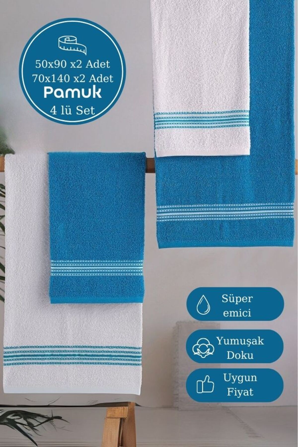 MODALİN-Sada osušek 4 kusy tyrkysovo-bílá Elvin – měkká textura, rychleschnoucí (70X140 X2 /50X90CM X2 CM) 1