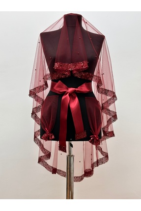 NEHİR AKSESUAR Pul Payet İncili Bordo Gelin Kına Duvak Örtüsü