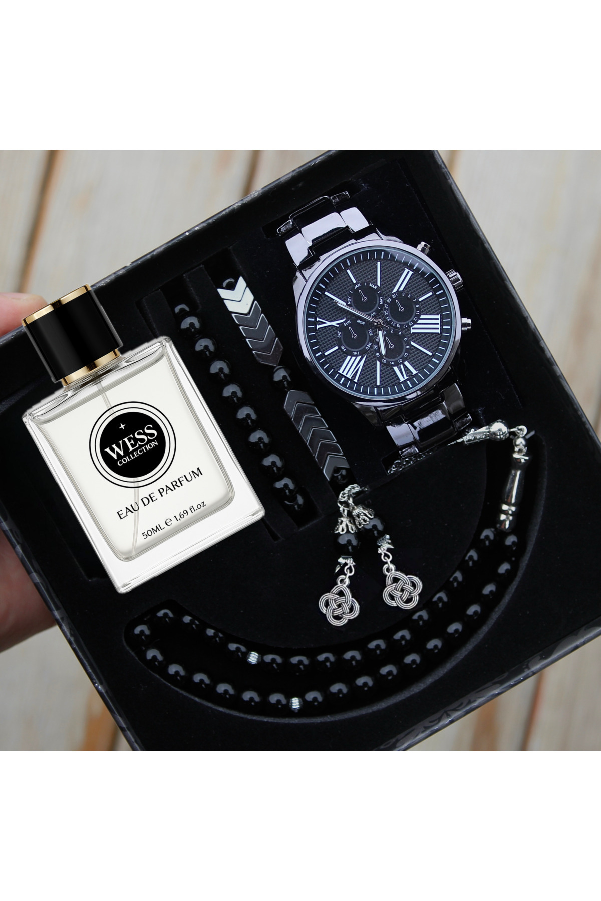 wesscollection Erkek Kol Saati Parfüm Tesbih ve Bileklik Seti