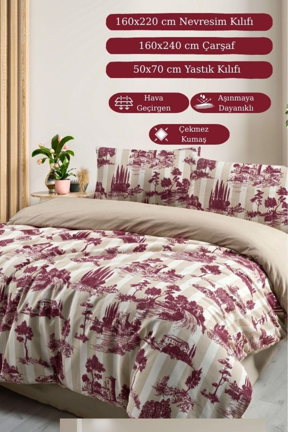 MODALİN-Single Duvet Cover Set 3 Pieces Helena Cream-Burgundy 160X220 cm Cotton, Nature Pattern Soft Textured 1