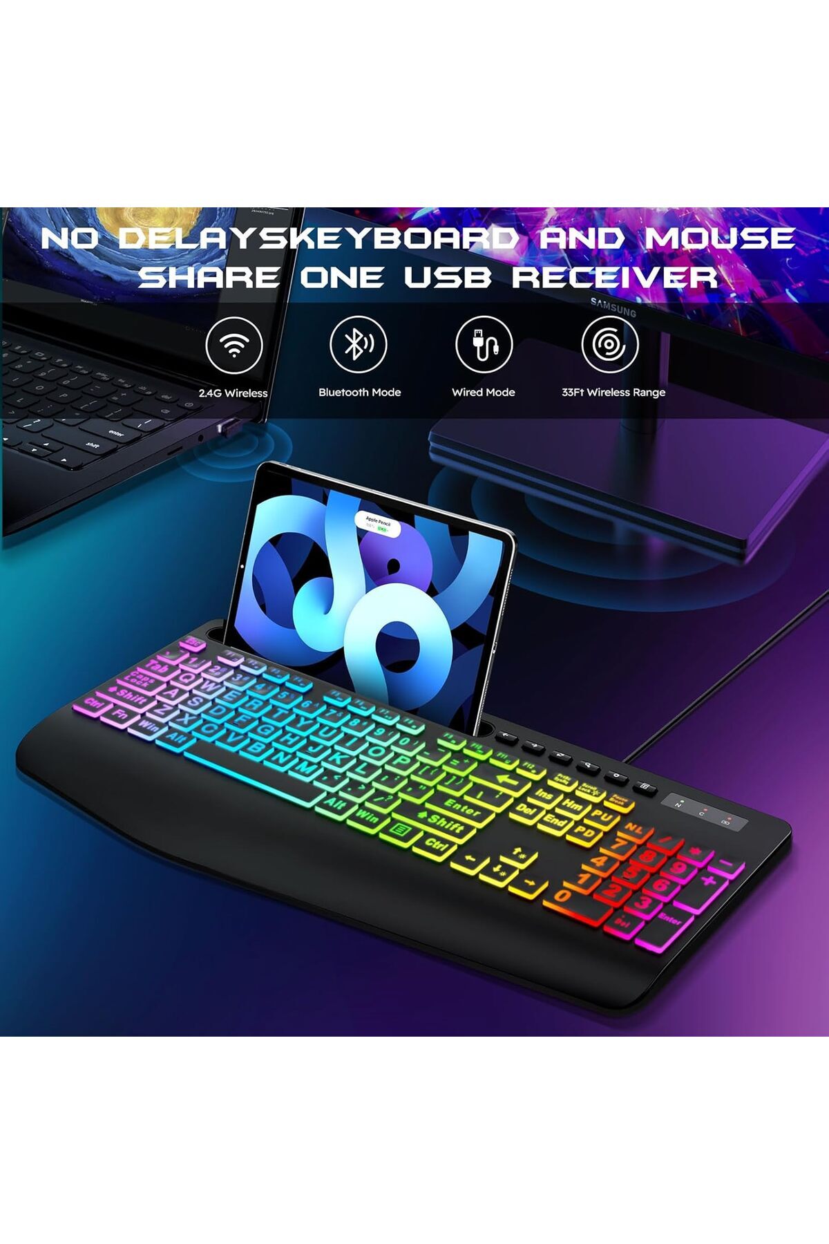 Generic-Garlo Wireless Keyboard and Mouse Combo, Membrane Silent Gaming Keyboard with Mechanical Feeling, Fu 5