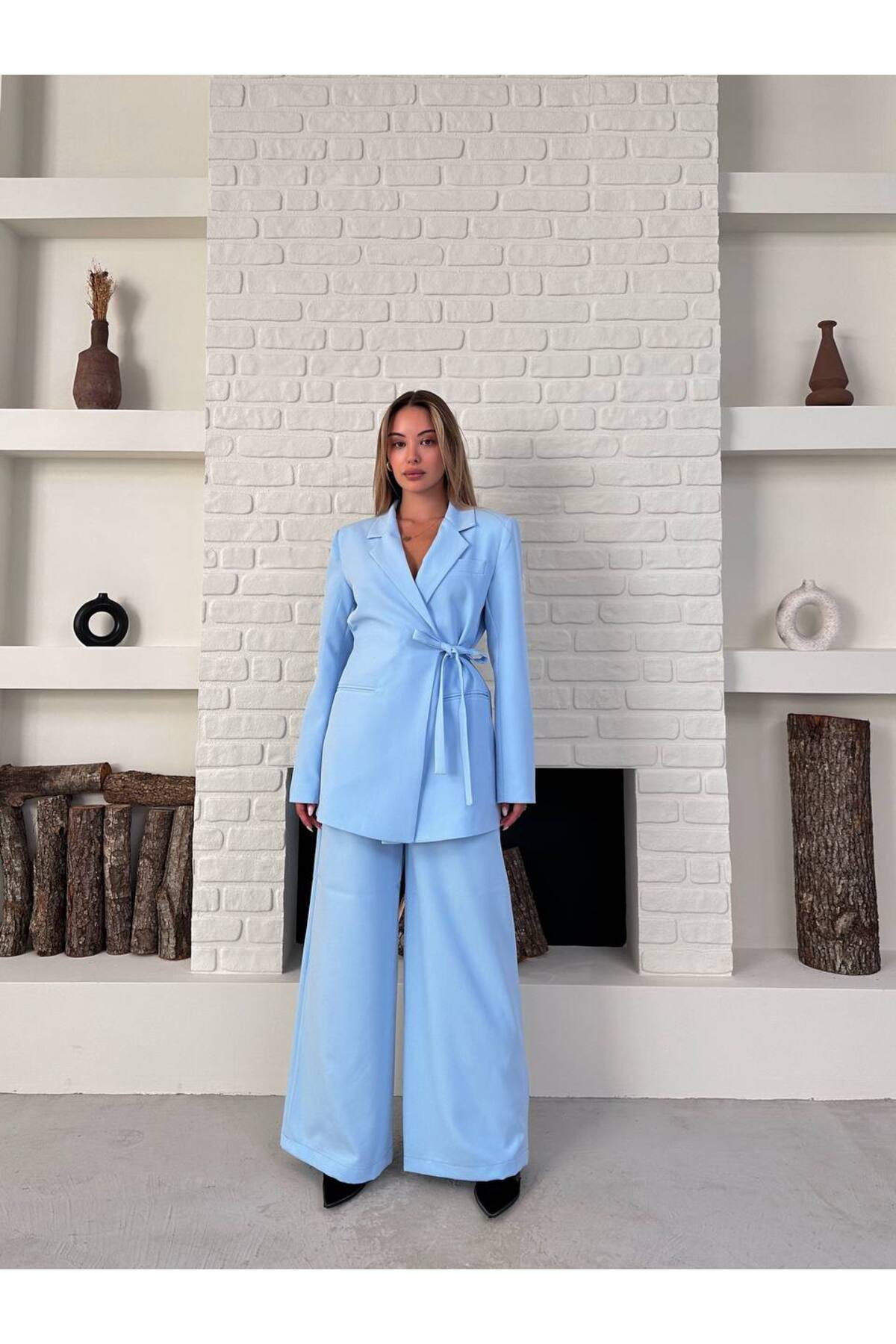 Ensemble Blazer et Pantalon Femme avec Ceinture, Bleu Bébé - Görsel 6