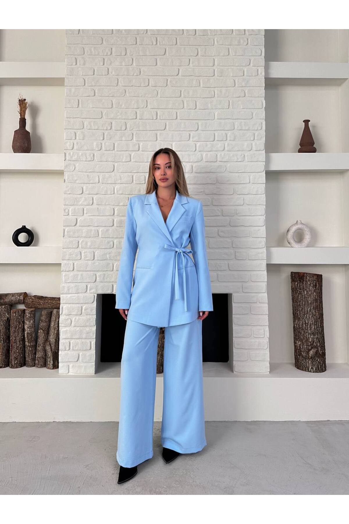 Ensemble Blazer et Pantalon Femme avec Ceinture, Bleu Bébé - Görsel 7