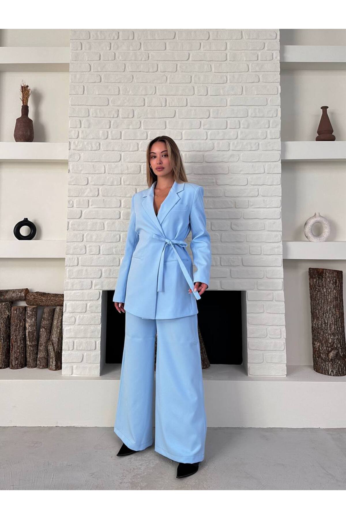 Ensemble Blazer et Pantalon Femme avec Ceinture, Bleu Bébé - Görsel 5