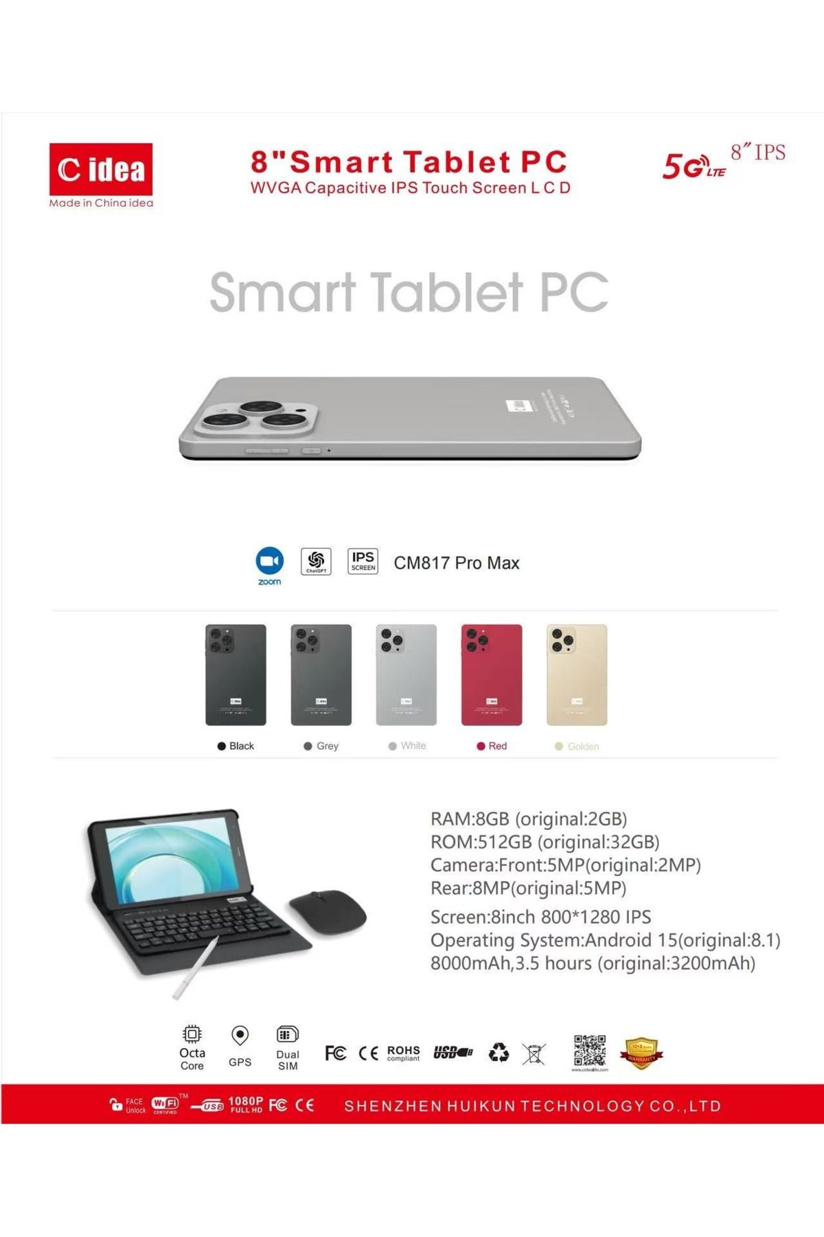 CIDEA-CM817 Pro Max 8" Smart Tablet PC – Android, Quad Core, Dual Camera, WiFi 2