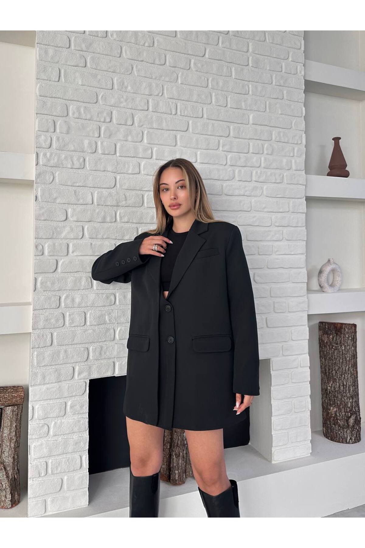Double-Breasted Blazer Jacket Black Women - Görsel 6