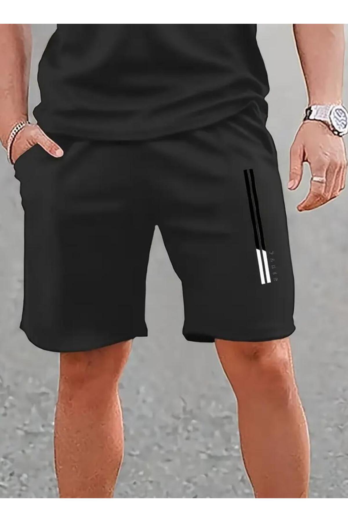 Marco Fresco  Erkek Siyah Paris Çizgili Şort T-Shirt Takım - Görsel 4