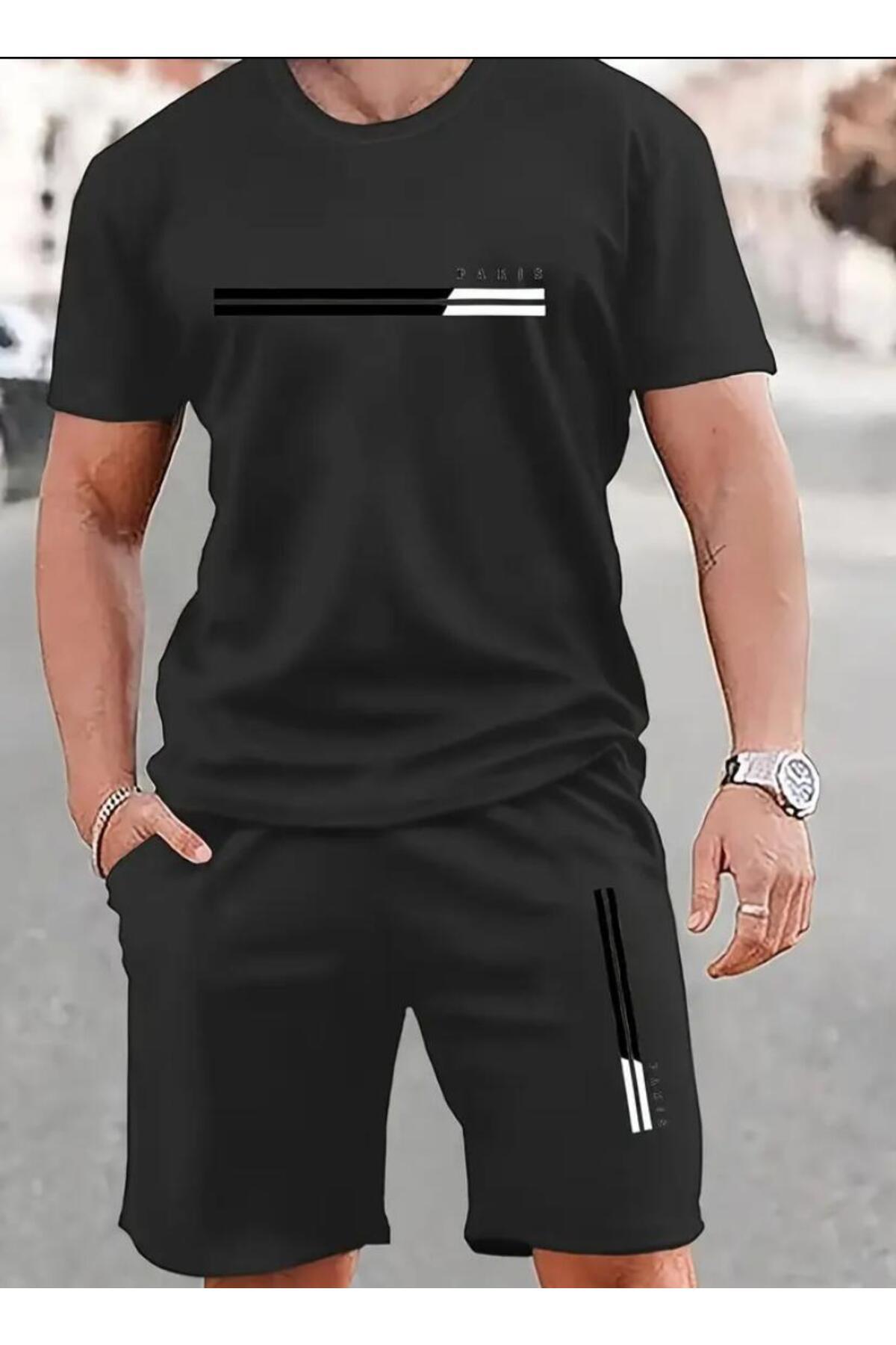 Marco Fresco  Erkek Siyah Paris Çizgili Şort T-Shirt Takım - Görsel 2