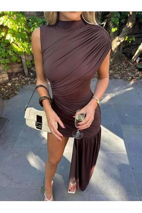 theanemos Asimetrik Drapeli Kuyruklu Elbise - Kahverengi