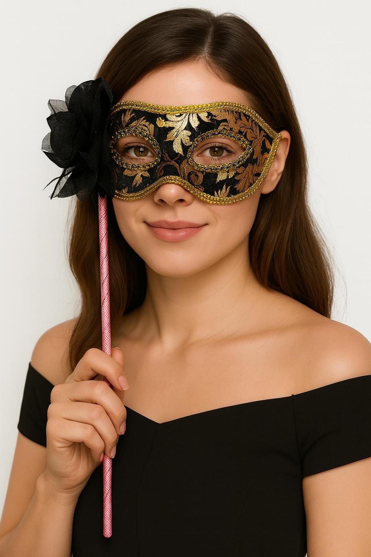 Go İthalat Lüks Taşlı Saplı Maskeli Balo Maskesi Siyah Renk 35 cm (5332)