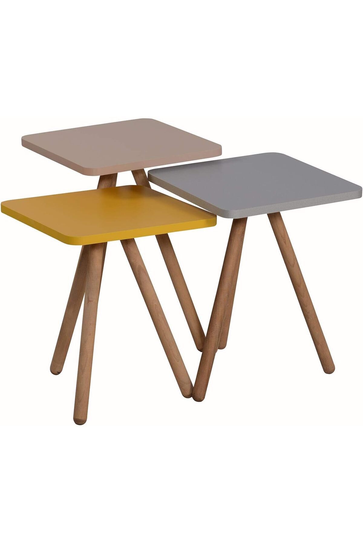 STOREMAX Renkli Üçlü Zigon Sehpa Ahşap Ayaklı Kare Pastel Tasarım Gri Sarı Cappuccino 1191881