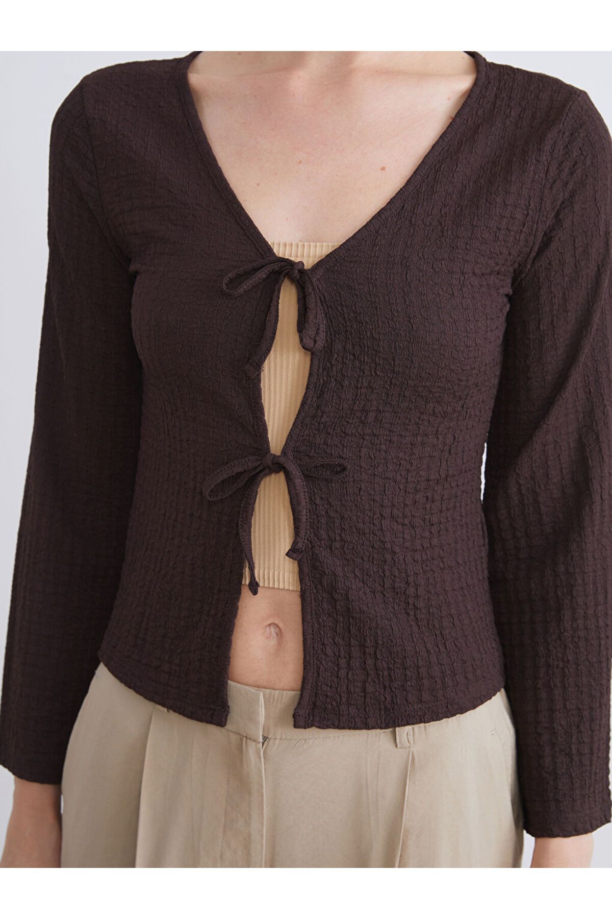 LC Waikiki-Sparkling Selections from Shining Store |   V-Neck Tied Textured Blouse 3