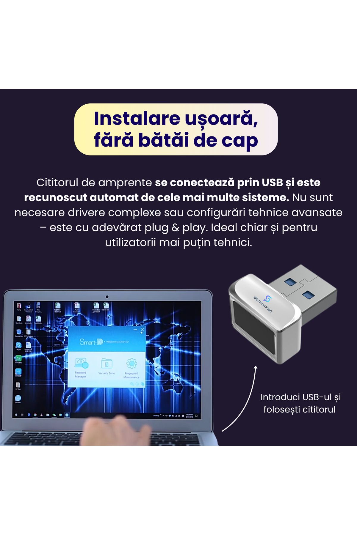 SpectrumPoint-USB fingerprint reader model U6, compatible with Windows and Android, plug & play installation, gray 5