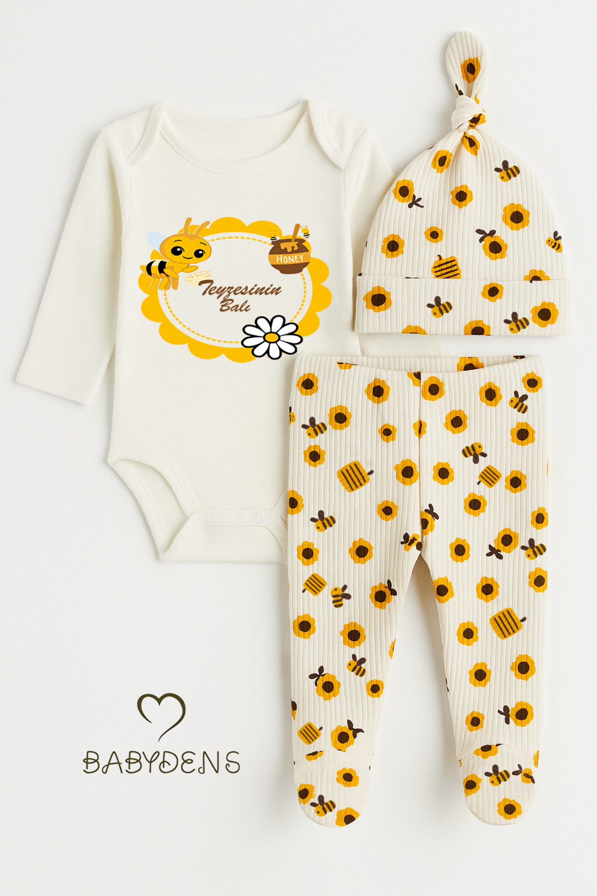 BABYDEN'S Teyzesinin Balı Yazılı 3lü Yenidoğan Takımı Arı Desenli Patikli Alt,bere,çıtçıtlı Uzun Kollu Body fotoğrafı 5 (önizleme)
