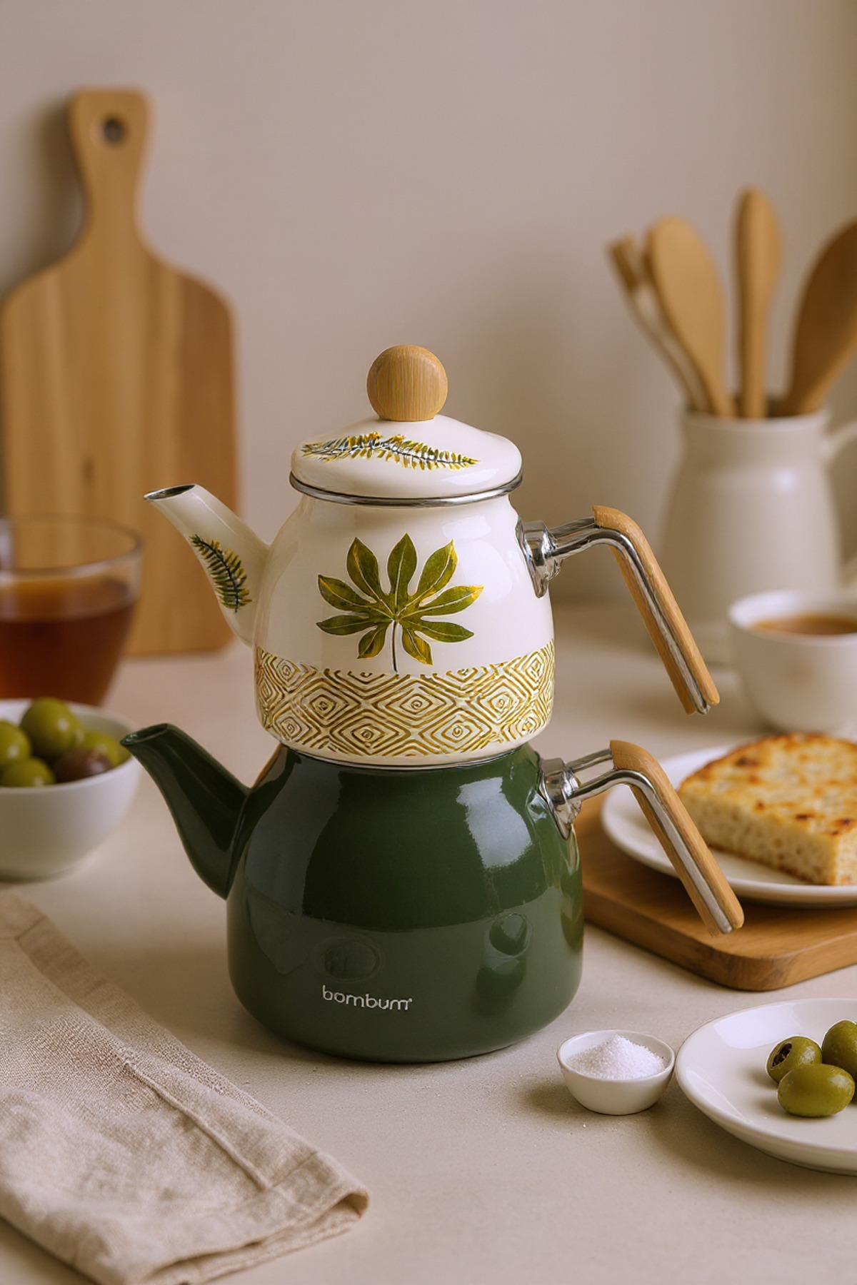 Bambum Unique Bambu Kulplu Emaye Çaydanlık Takımı Herb