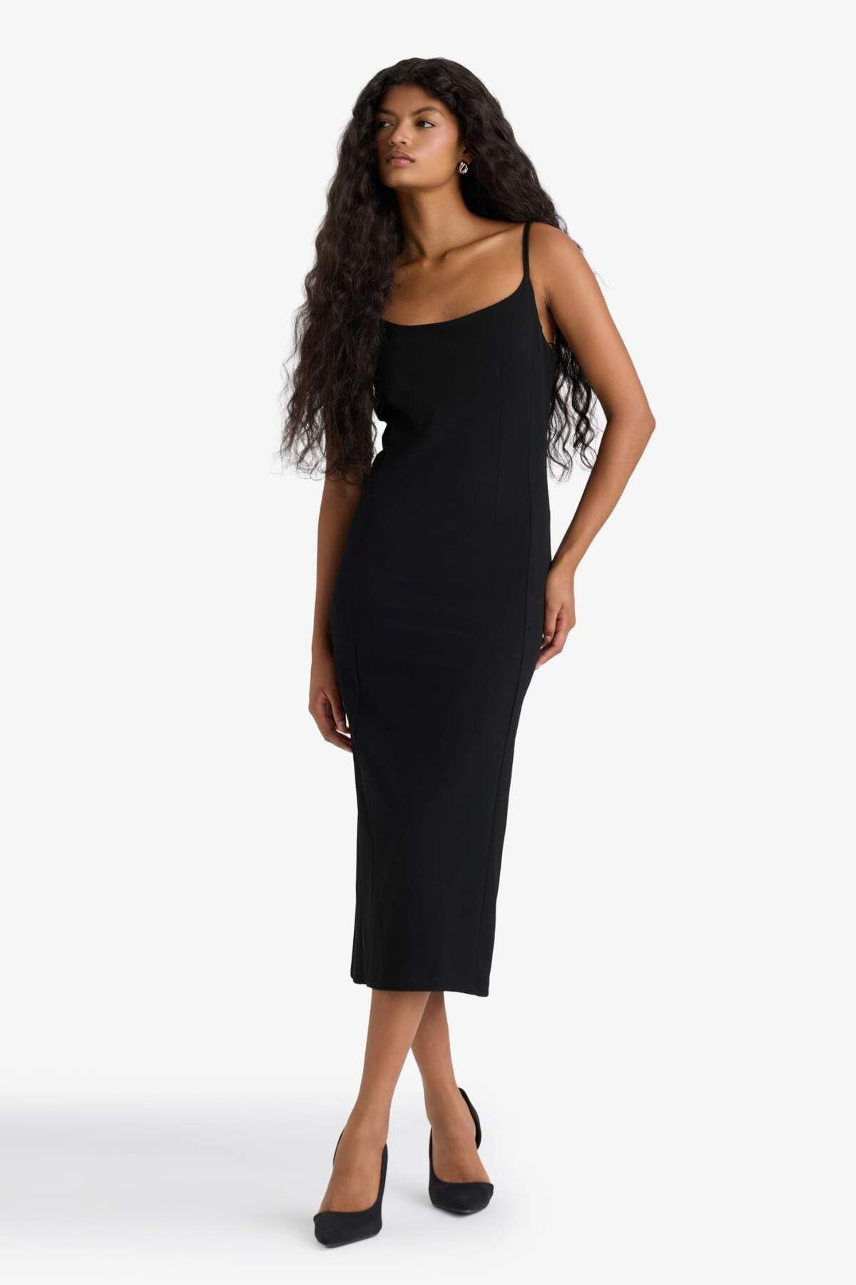 Bodycon Vücudu Saran İnce Askılı Midi Elbise F9263AX25WN