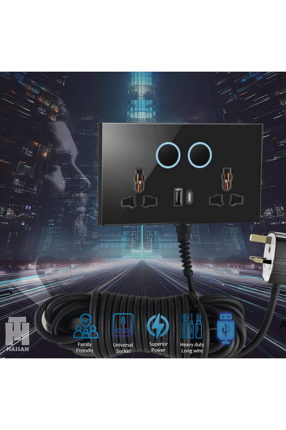 HASSAN-USB-C & USB-A Dual Universal Socket Extension with Neon Indicator - 5V 2.1A Power and Long Co 7