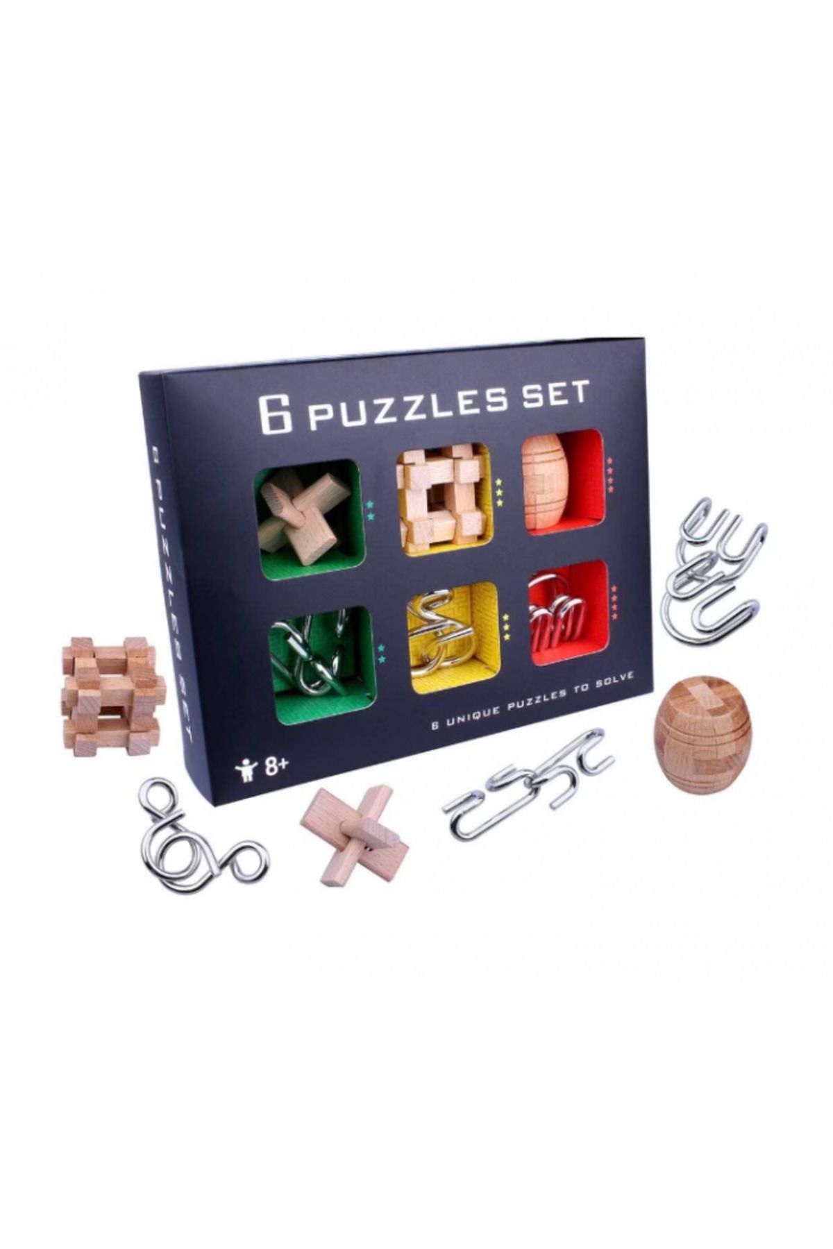 Ælements-Set with 6 3D Wooden and Metal Puzzles, Intelligence Game, Various Difficulty Levels, Black Box, +8 1
