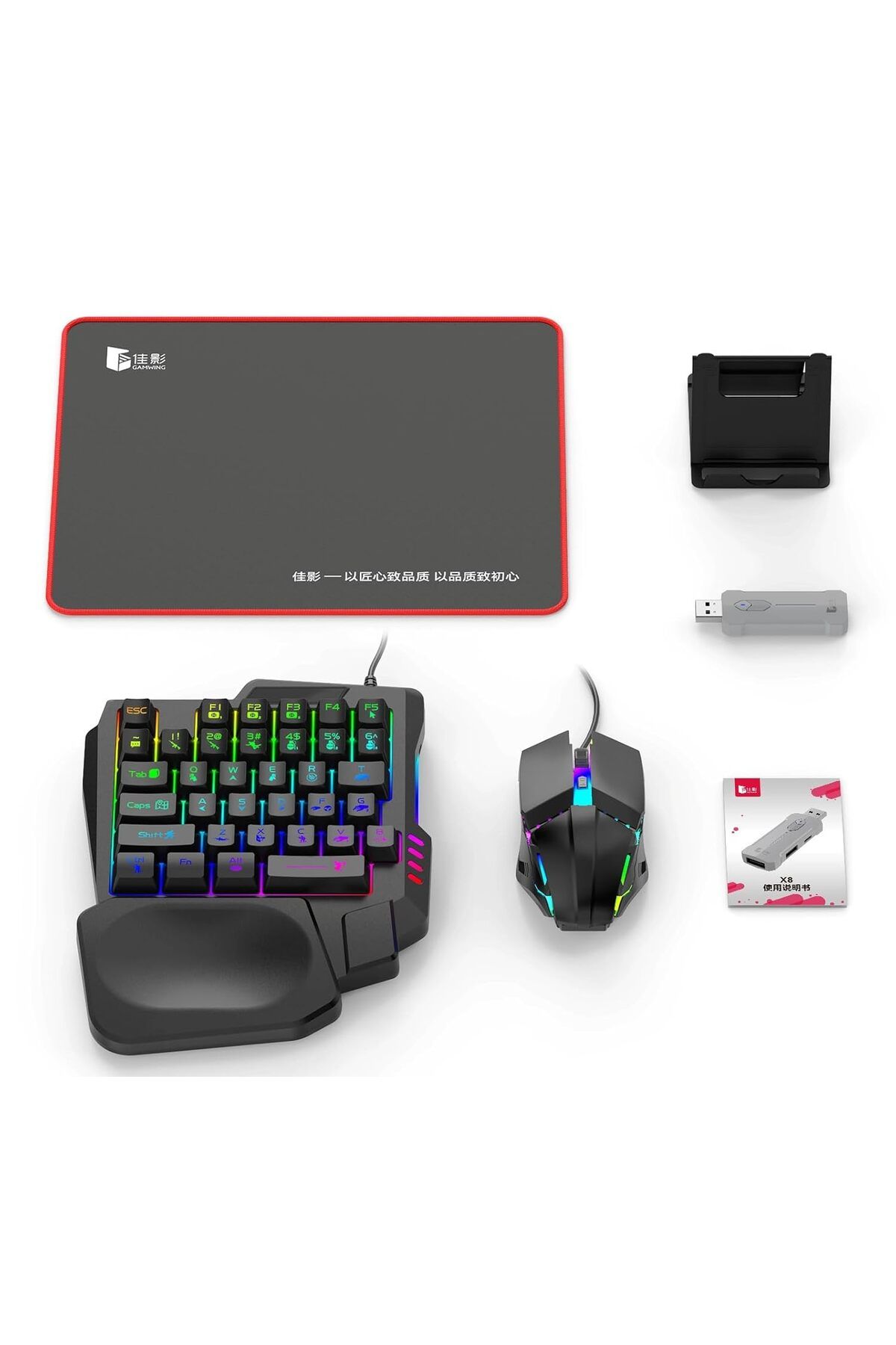 Generic-5 in 1 Mobile Game Combo Pack X8 with RGB Mini Gaming Keyboard Mouse Mobile Holder for Android Phone 1