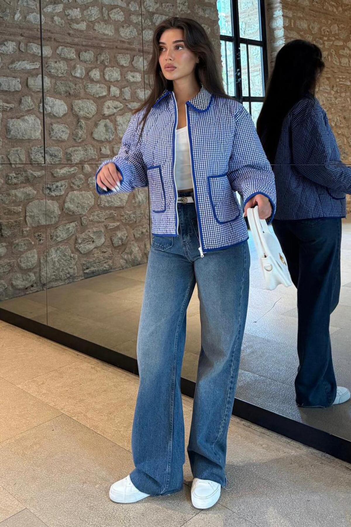 Madmext  Mavi Pötikareli Cepli Kadın Mont Mg2488 - Görsel 4