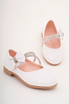 Cappale Beyaz Rugan Ortopedik Pedli Çocuk Taşlı Babet Ayakkabı