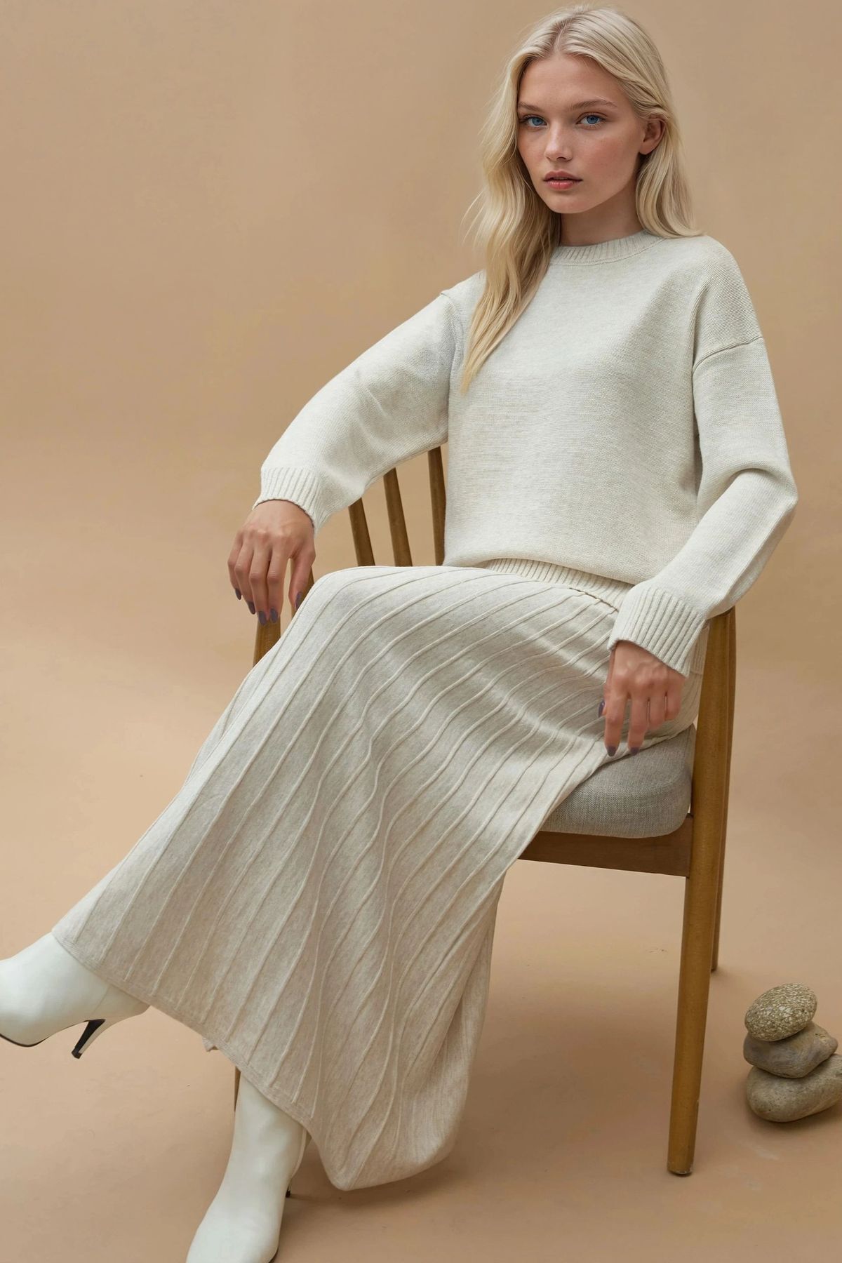 Hiccup-Textured Basic Sweater & Flared Midi Skirt Knitwear Set 2
