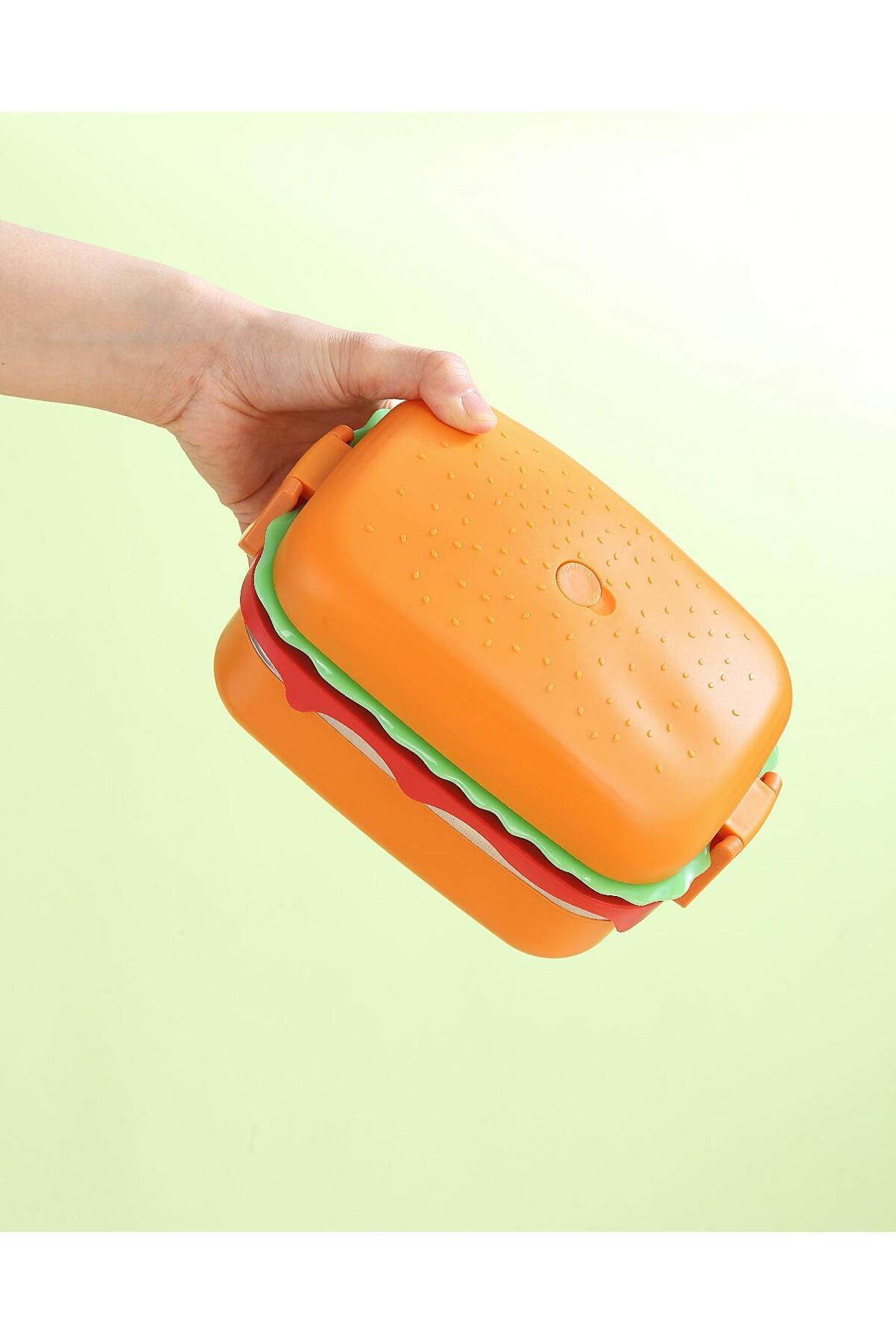 SANALTİCARETİM-Hamburger Pattern Rectangular Steel Two-Layer Vacuum Lunch Box Storage Container 5