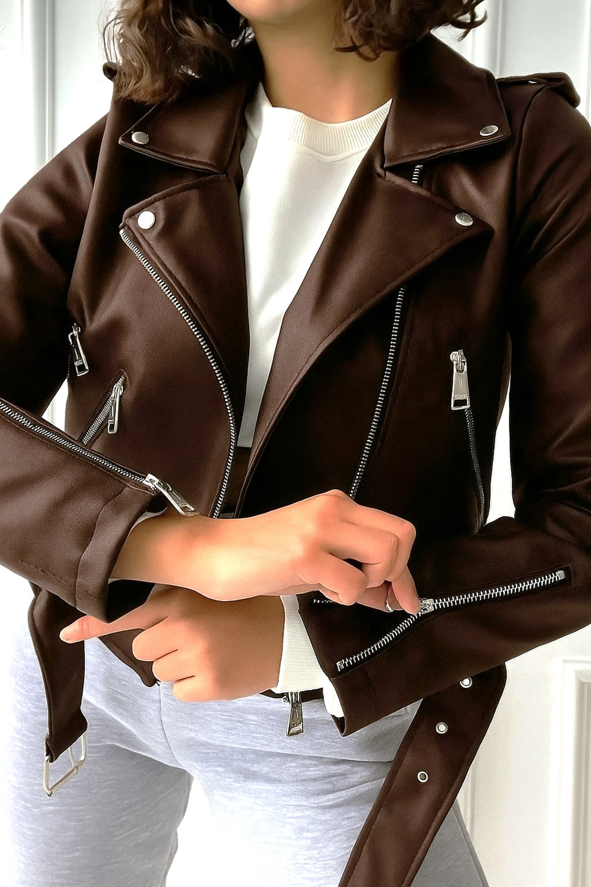 Mulunstyle Dámská kožená bunda Bitter Brown s detaily na zip a pásku