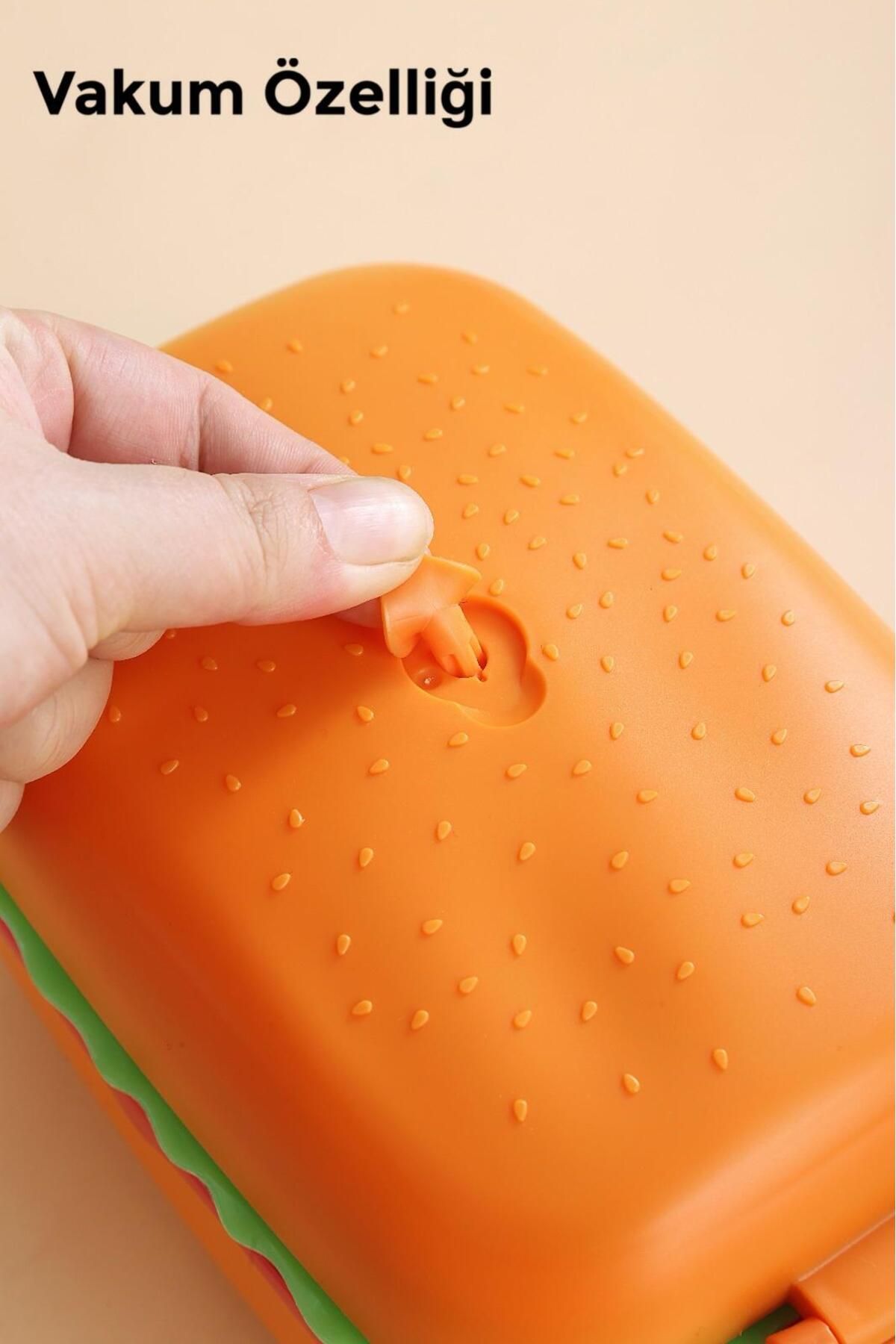 SANALTİCARETİM-Hamburger Pattern Rectangular Steel Two-Layer Vacuum Lunch Box Storage Container 4