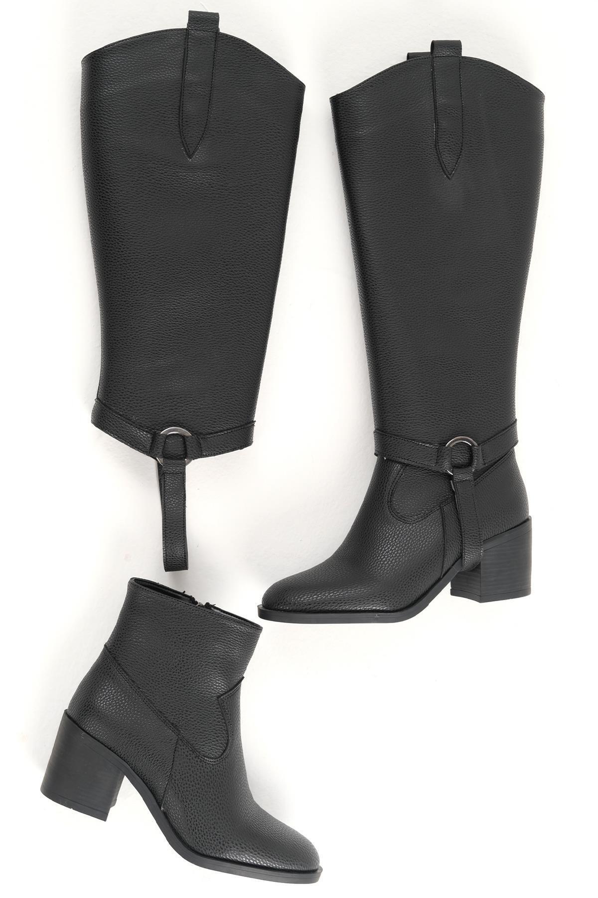 Mio Gusto-Black Color Two-In-One Thick Heeled Boots/Boots with Plug and Remove Feature 7