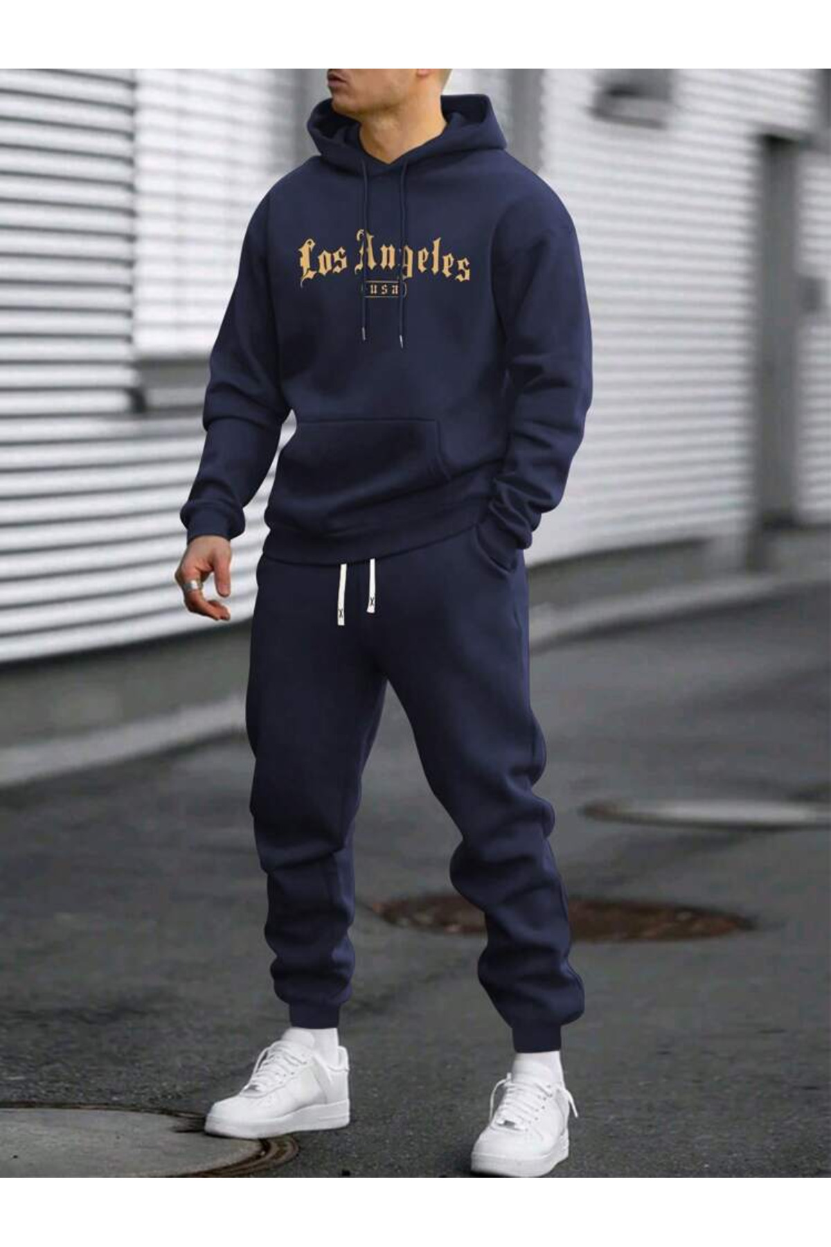 aynewmoda-Men's Plus Size Drawstring Sweatshirt and Jogger Set for Spring and Autumn 7