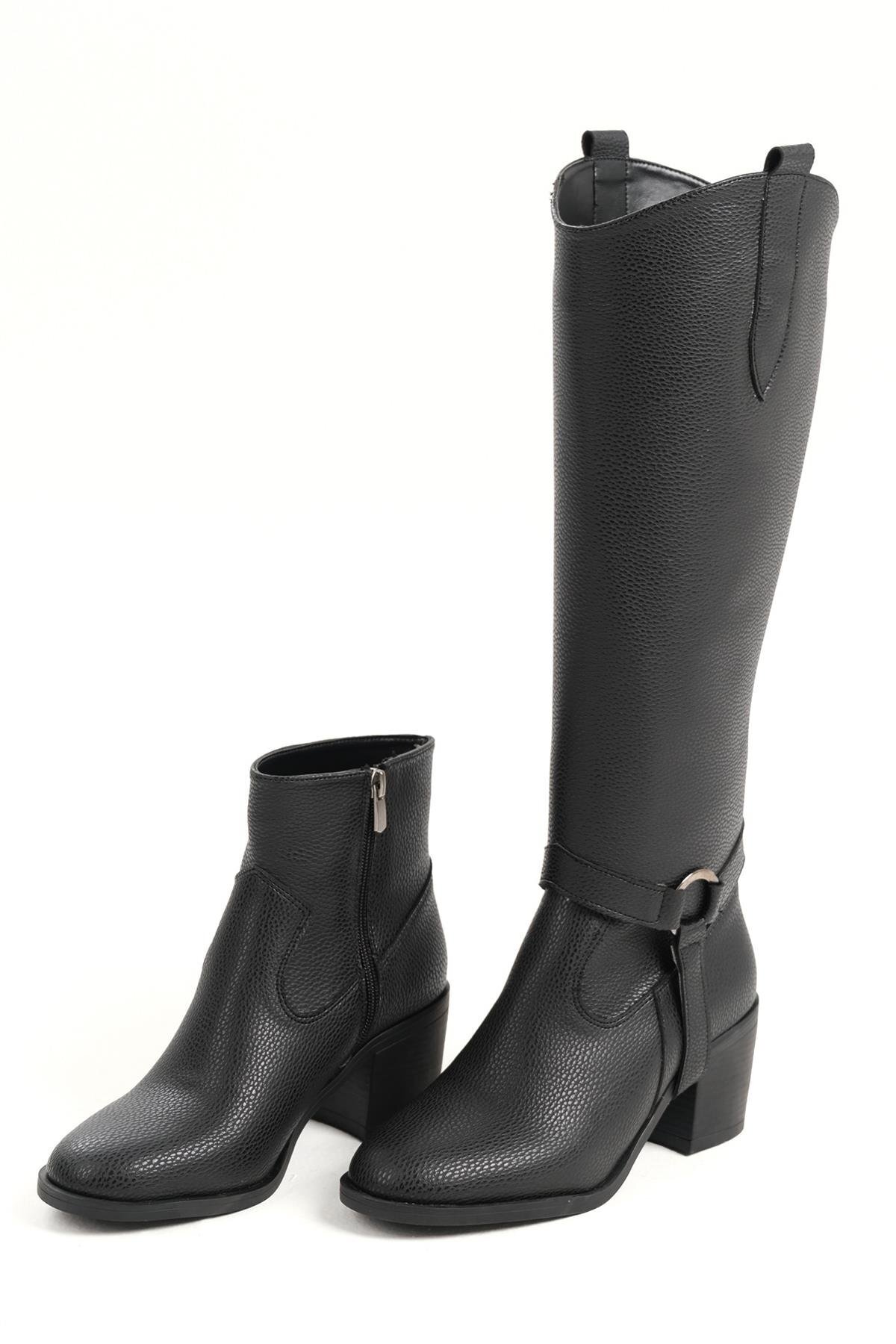 Mio Gusto-Black Color Two-In-One Thick Heeled Boots/Boots with Plug and Remove Feature 3
