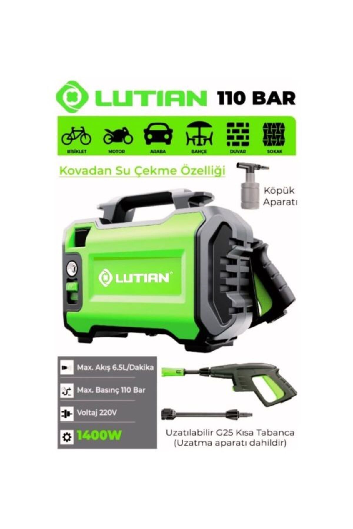 Lutian LT2161-1400 1400 Watt - 110 Bar - 6.5 Litre/Dakika - Portatif Yıkama Makinası - Kovadan Su Çe