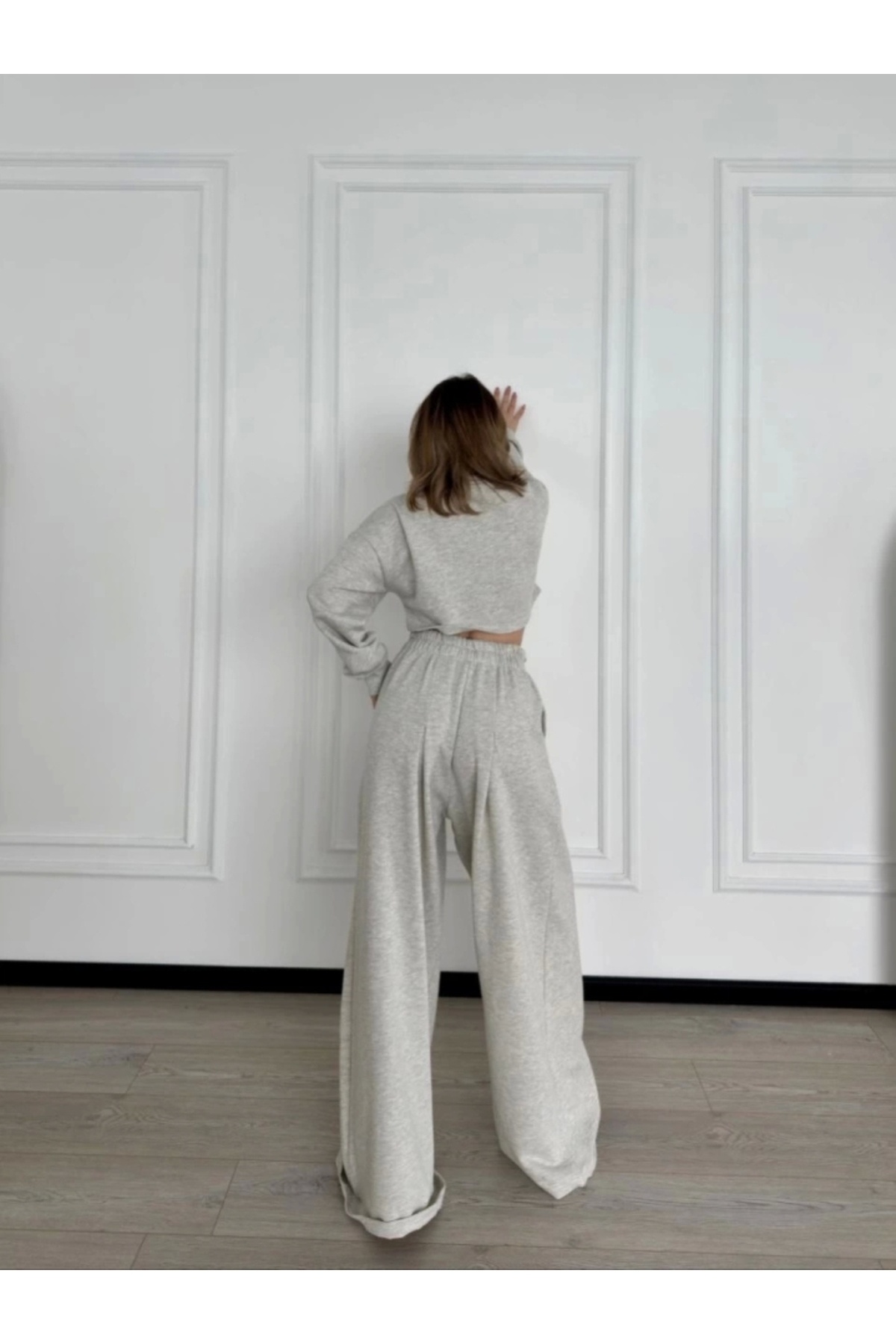 MetuCA-Long Sleeve Front Drawstring Crop and Trousers Double Set - Gray 3