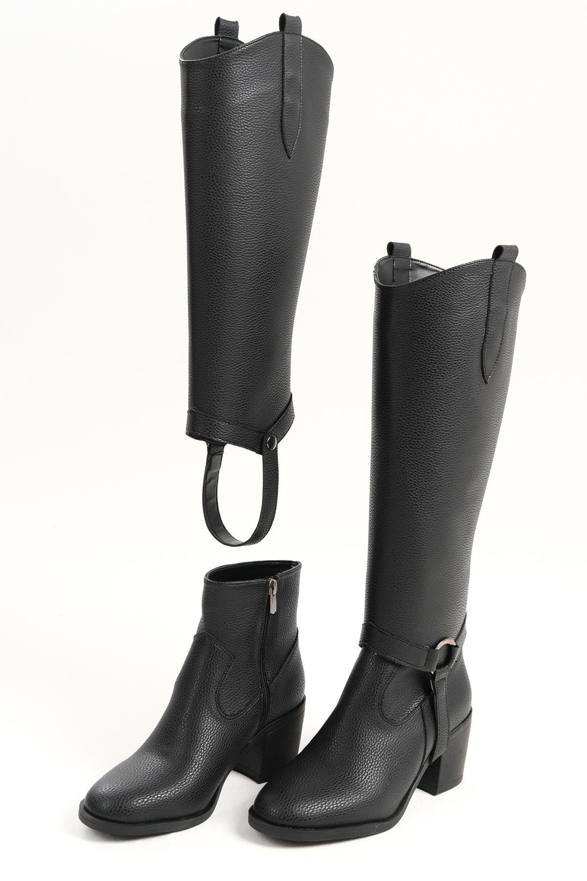 Mio Gusto-Black Color Two-In-One Thick Heeled Boots/Boots with Plug and Remove Feature 1