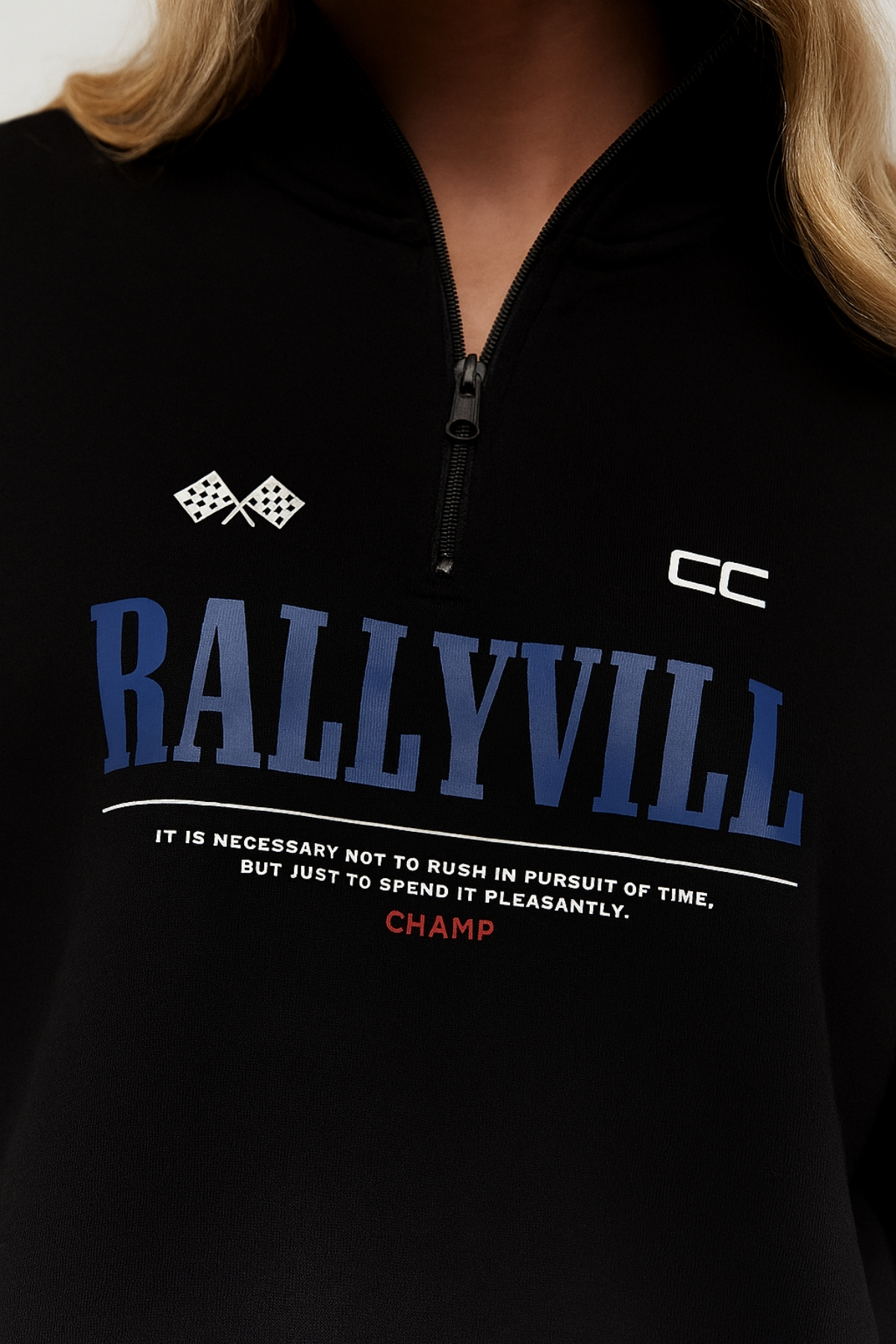 The Champ Clothing Unisex Oversize Yarım Fermuarlı Sweatshirt RallyVill Yazı Baskılı Siyah - 3 İplik Şardonlu Polar görsel 2