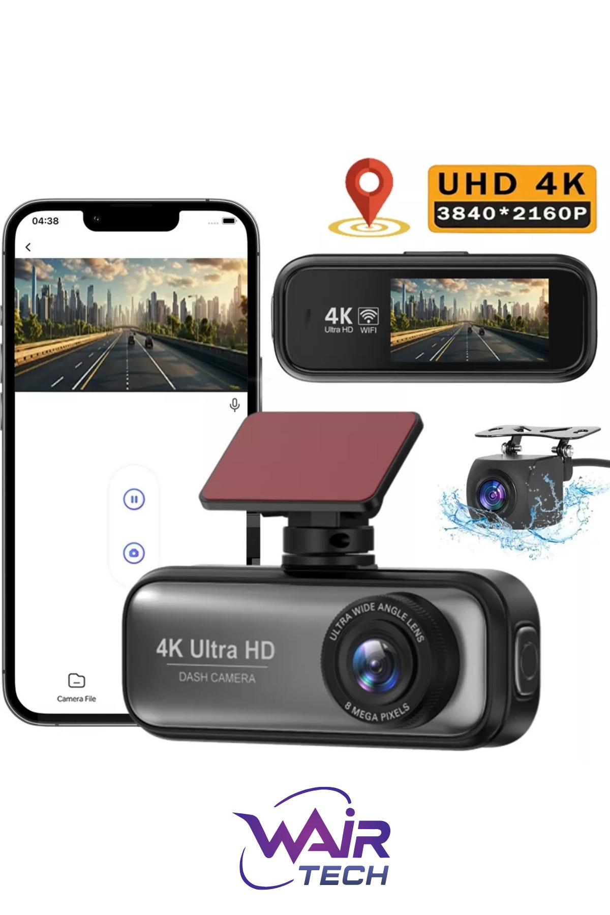 Wair Teknoloji 4K WiFi Çift Lensli 1080P GPS Navi WDR Gece Görüşlü Araç içi Video Kaydedici